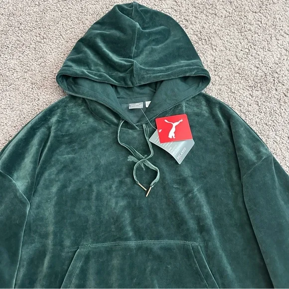 Puma Deep Green Velour Hoodie Logo Embroidered Womens S - Picture 13 of 14